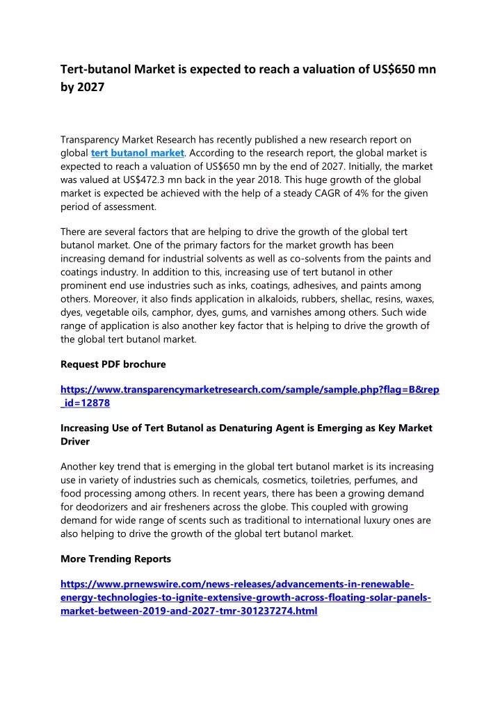 tert butanol market is expected to reach