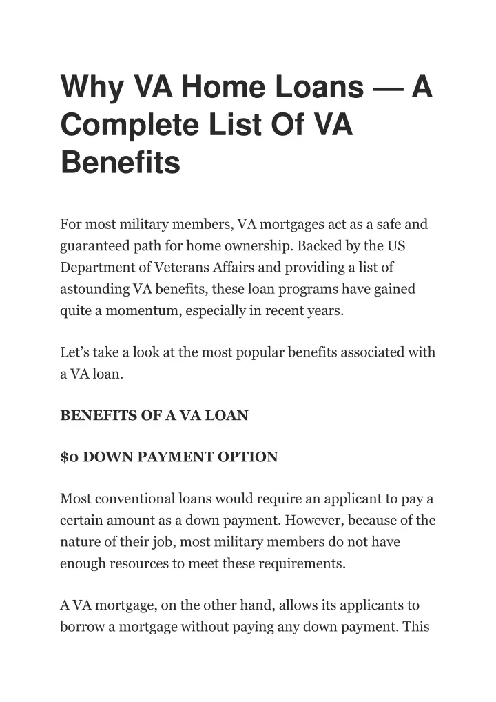 why va home loans a complete list of va benefits