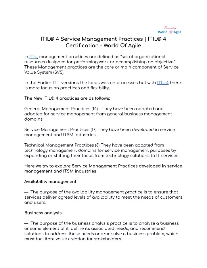 itil 4 service management practices itil