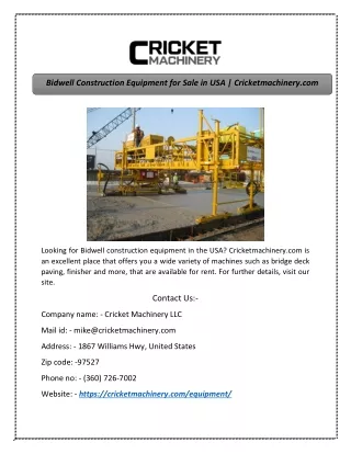 Bidwell Construction Equipment for Sale in USA | Cricketmachinery.com