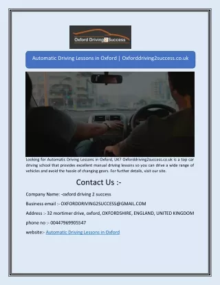 Automatic Driving Lessons in Oxford | Oxforddriving2success.co.uk