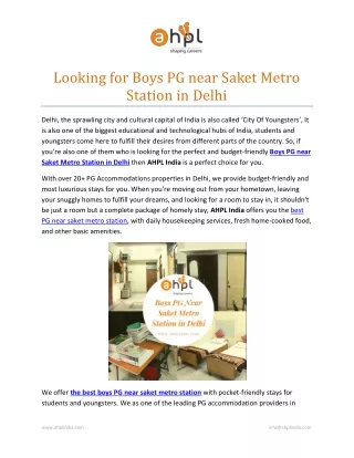 Looking for Boys PG near Saket Metro Station in Delhi