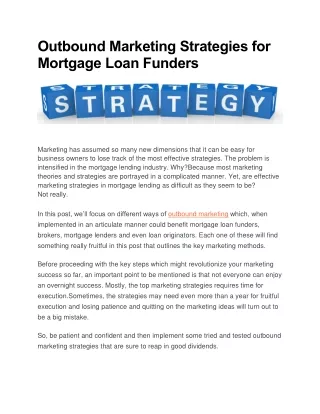 Outbound Marketing Strategies for Mortgage Loan Funders