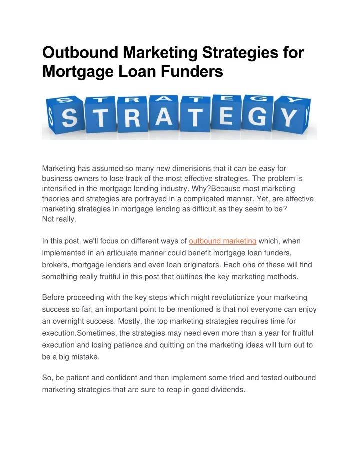 outbound marketing strategies for mortgage loan