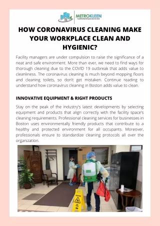How Coronavirus Cleaning Make Your Workplace Clean and Hygienic?