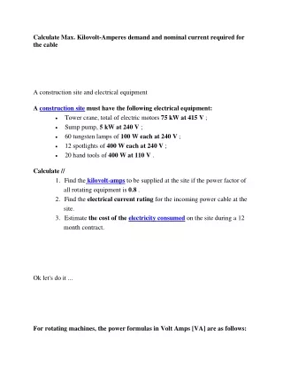 Calculate Max. Kilovolt-Amperes demand and nominal current required for the cable