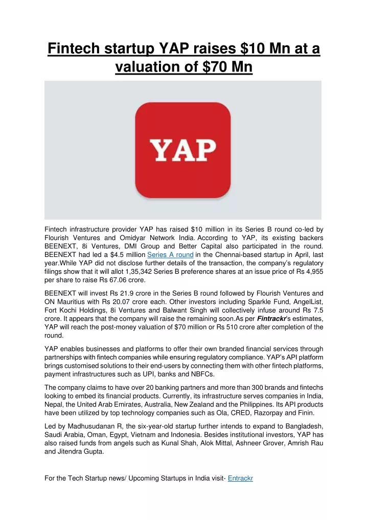 fintech startup yap raises 10 mn at a valuation