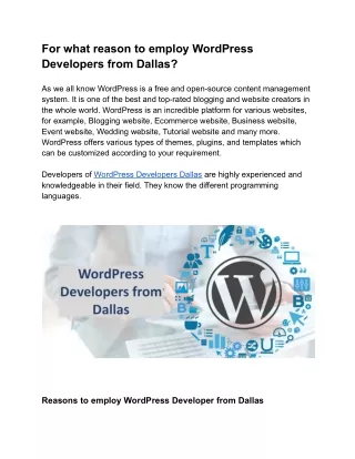For what reason to employ WordPress Developers from Dallas?