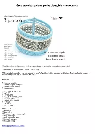 Gros bracelet rigide en perles bleus, blanches et métal