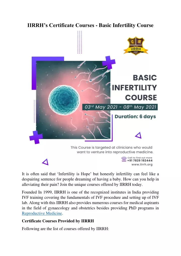 iirrh s certificate courses basic infertility