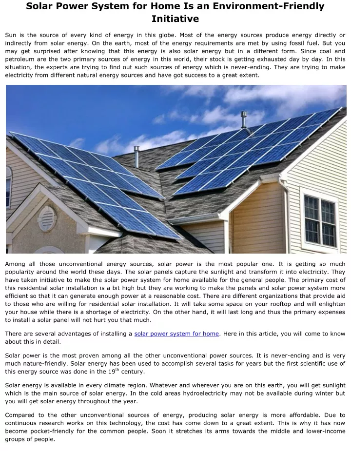 solar power system for home is an environment