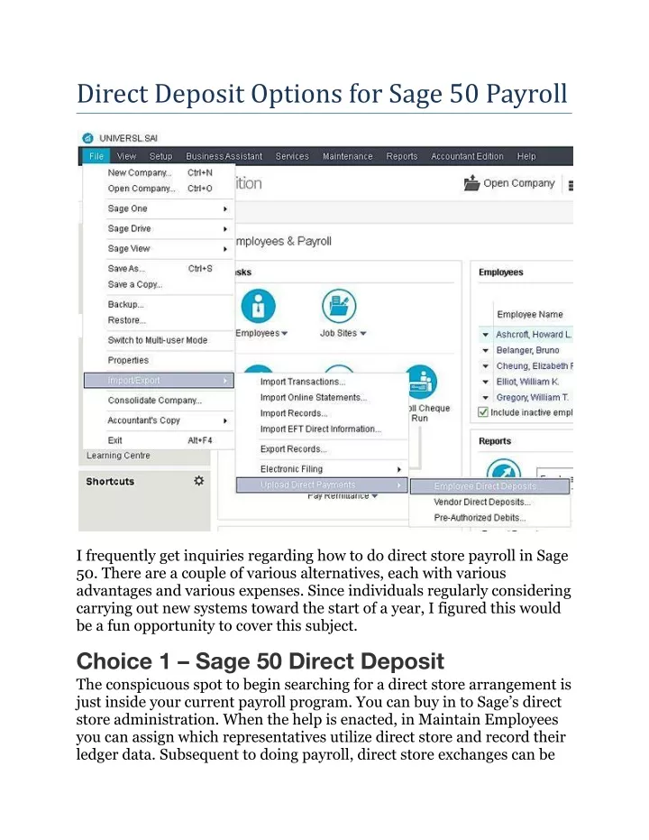 direct deposit options for sage 50 payroll