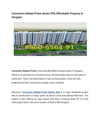 Conscient Habitat Prime Sector 99A Affordable Property In Gurgaon
