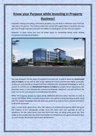 Know your Purpose while investing in Property Business!