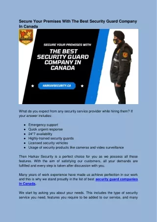 Secure Your Premises With The Best Security Guard Company In Canada
