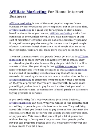Affiliate Marketing for home Internet Business