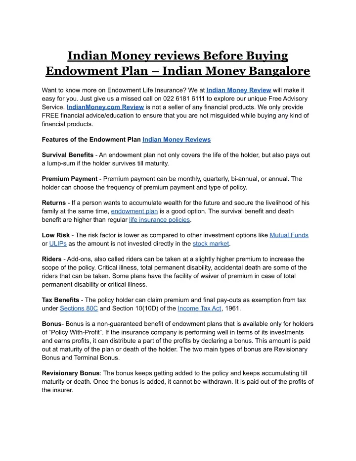 indian money reviews before buying endowment plan