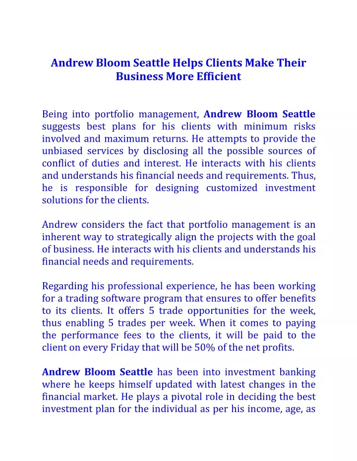 andrew bloom seattle helps clients make their