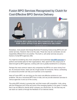 Fusion BPO Services Recognized by Clutch for Cost-Effective BPO Service Delivery