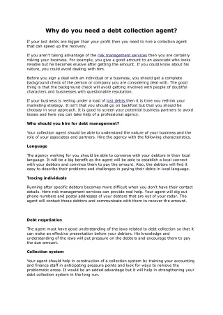 Risk Management Services, Lost Debts, Construction of a Collection System