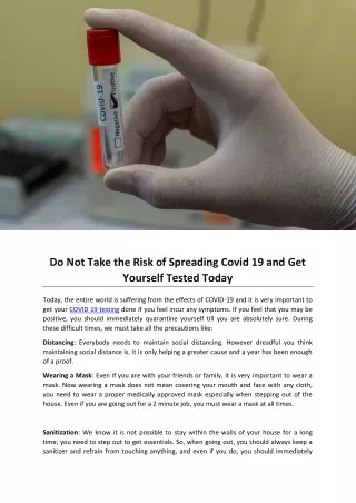 Do Not Take the Risk of Spreading Covid 19 and Get Yourself Tested Today