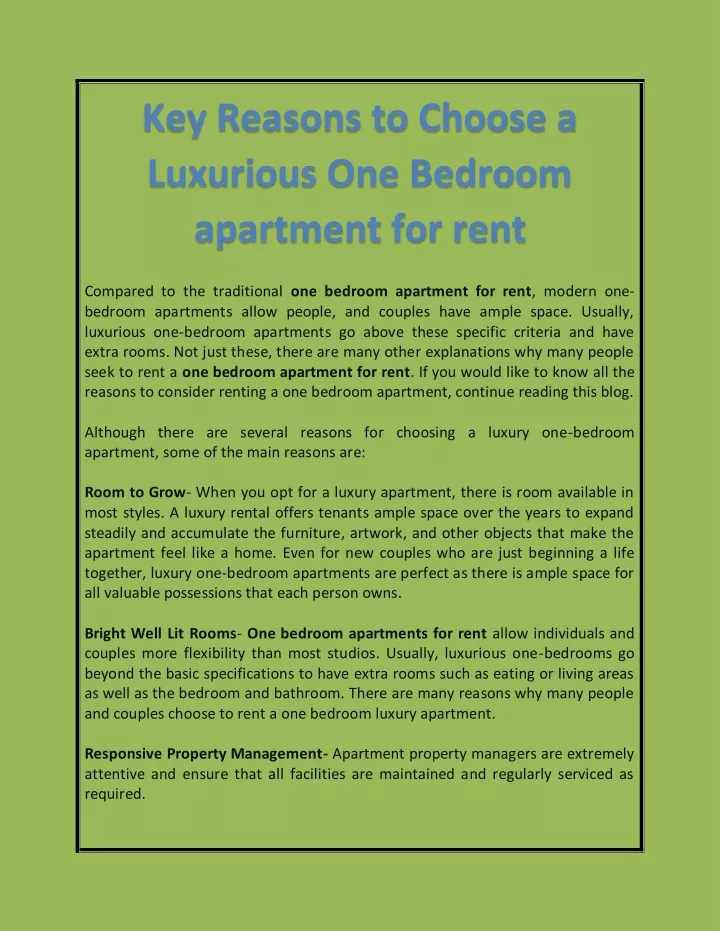 key reasons to choose a luxurious one bedroom