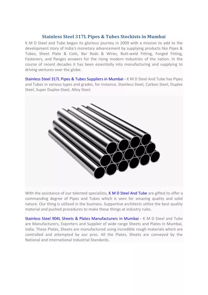 stainless steel 317l pipes tubes stockists