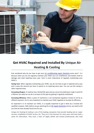 Get HVAC Repaired and Installed By Unique Air Heating & Cooling