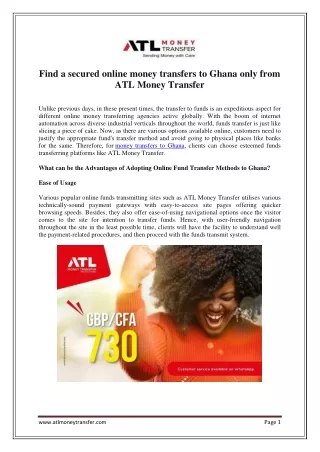 Find a secured online money transfers to Ghana only from ATL Money Transfer
