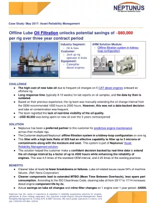 Offline Lube Oil Filtration unlocks potential savings of ~$60,000 per rig over t