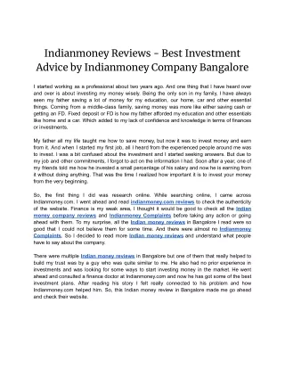 Indianmoney Reviews - Best Investment Advice by Indianmoney Company Bangalore