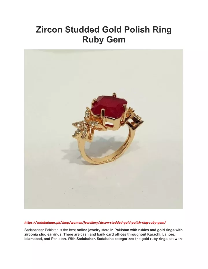 zircon studded gold polish ring ruby gem