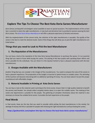 Explore The Tips To Choose The Best Kota Doria Sarees Manufacturer
