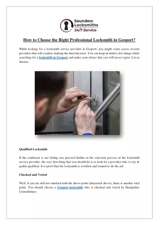 How to Choose the Right Professional Locksmith in Gosport?