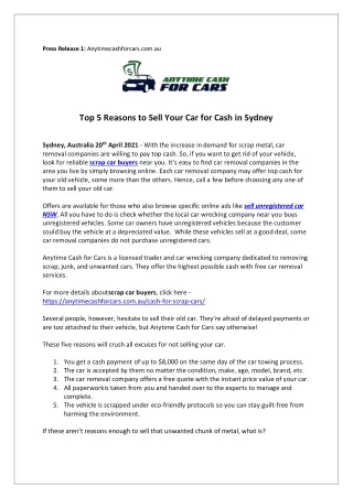 Top 5 Reasons To Sell Your Car For Cash In Sydney