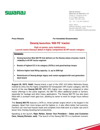 Swaraj Launches ‘960 FE’ Tractor - August 26, 2015