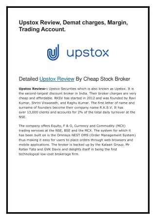 upstox review demat charges margin trading account
