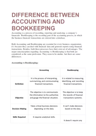 DIFFERENCE BETWEEN ACCOUNTING AND BOOKKEEPING
