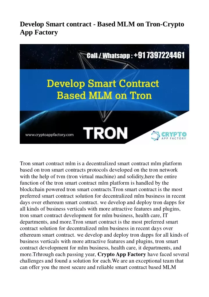 develop smart contract based mlm on tron crypto