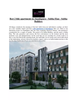 Best 2 bhk apartments in chandapura - Subha Elan - Subha Builders