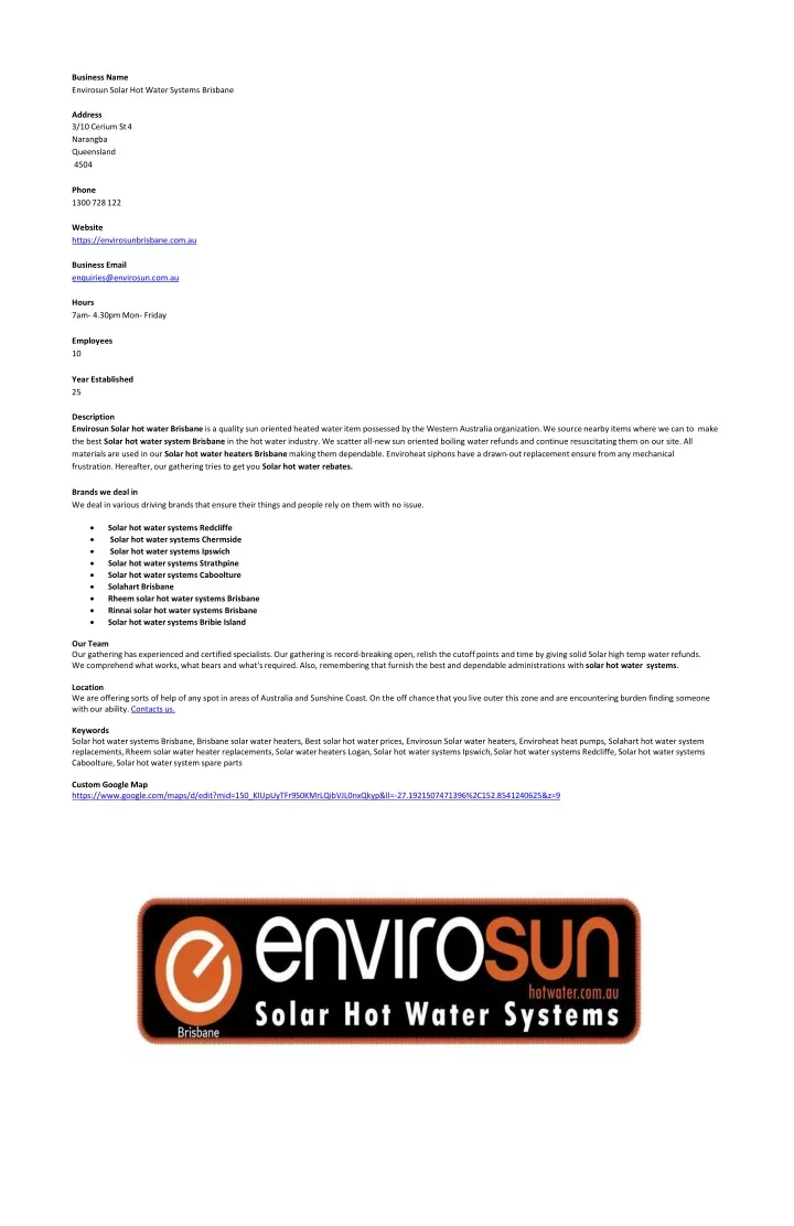 business name envirosun solar hot water systems