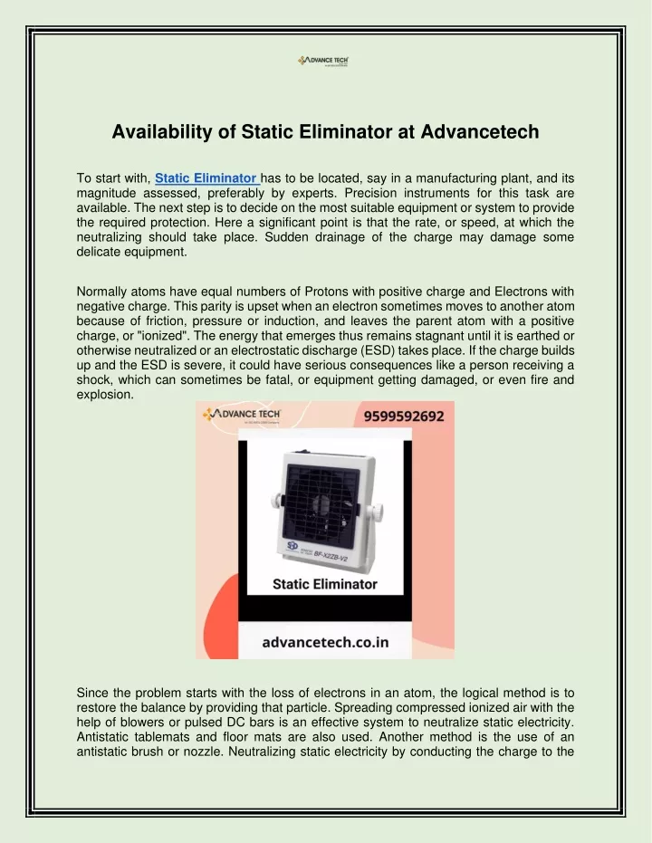 availability of static eliminator at advancetech