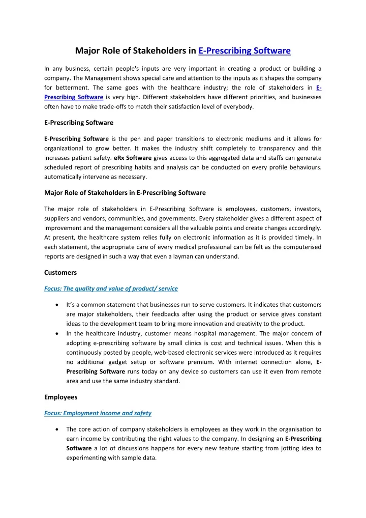 major role of stakeholders in e prescribing