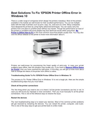 Best Solutions To Fix ‘EPSON Printer Offline Error in Windows 10