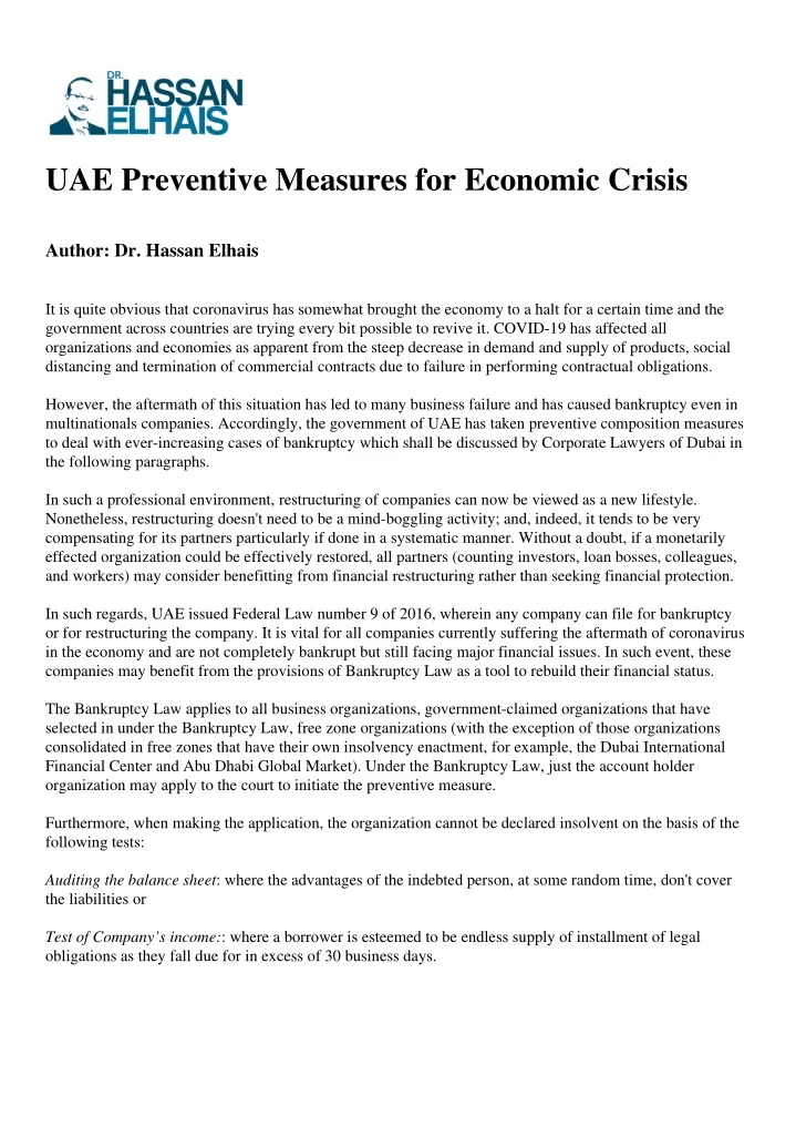 uae preventive measures for economic crisis