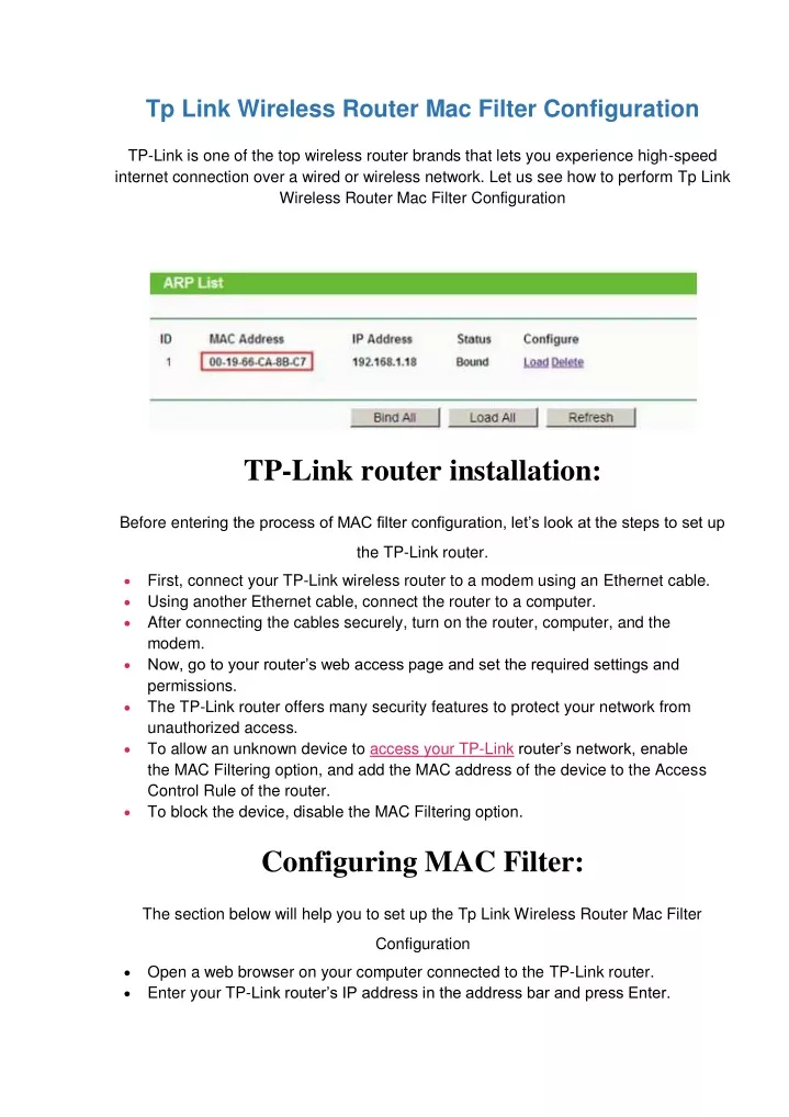 tp link wireless router mac filter configuration