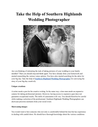 Take the Help of Southern Highlands Wedding Photographer