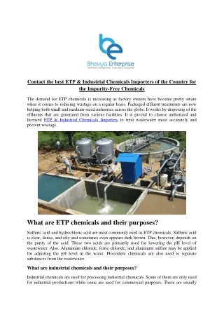 Contact the best ETP & Industrial Chemicals Importers of the Country for the Impurity-Free Chemicals