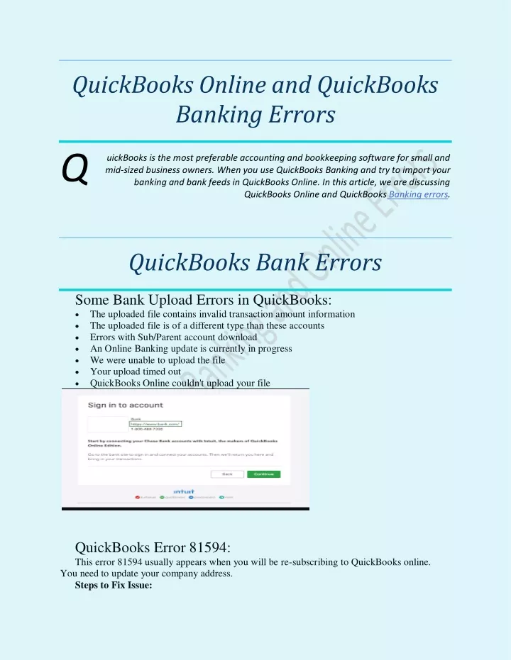 quickbooks online and quickbooks banking errors q