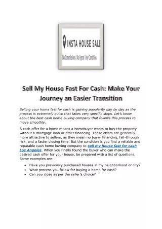 Sell My House Fast For Cash Make Your Journey an Easier Transition
